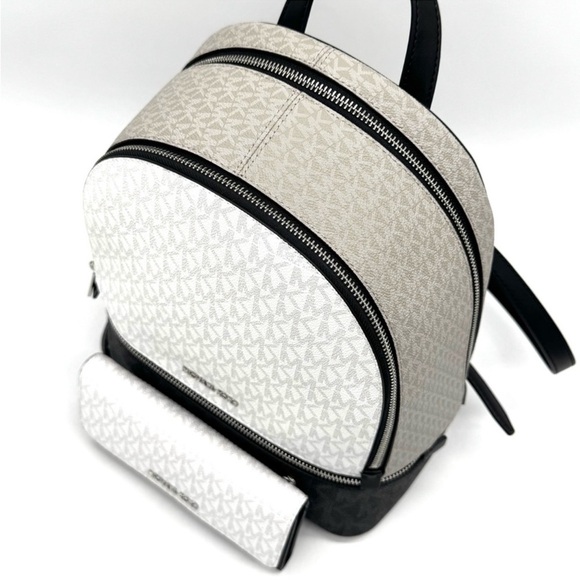 Michael Kors Rhea Medium Zip Backpack & Large Trifold Wallet Optic White Multi - Picture 6 of 13